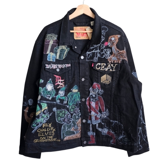 Custom Christmas Levi's Black Denim Jacket with Colorful Hand Drawn Images - Picture 1 of 8